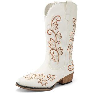 Women's White Western Cowgirl Mid Calf Boots Square Toe Embroidered Chunky Heel